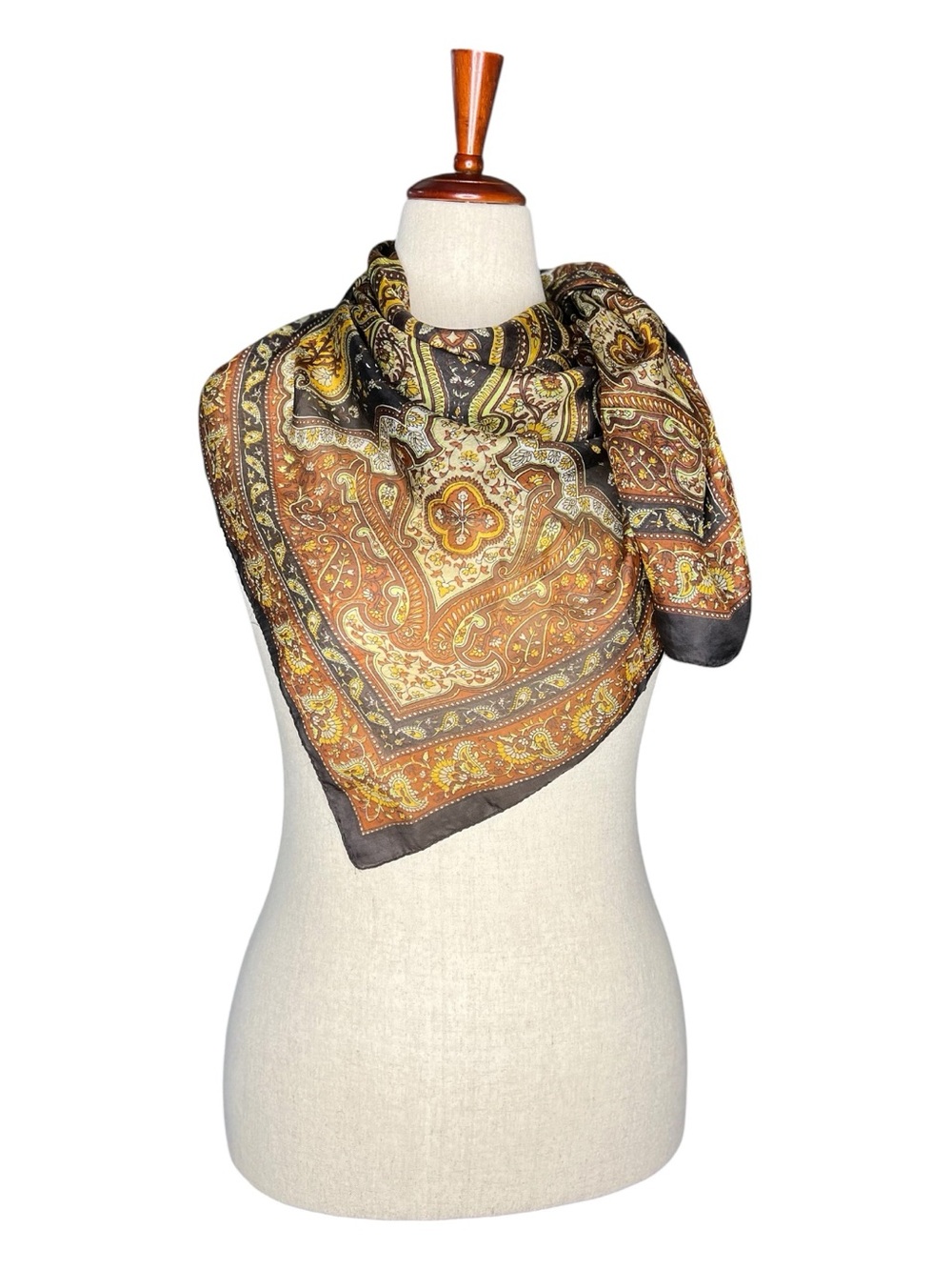COLLECTION EIGHTEEN 100% Silk Scarf Paisley Print Retro Woodstock Brown 40”x38”